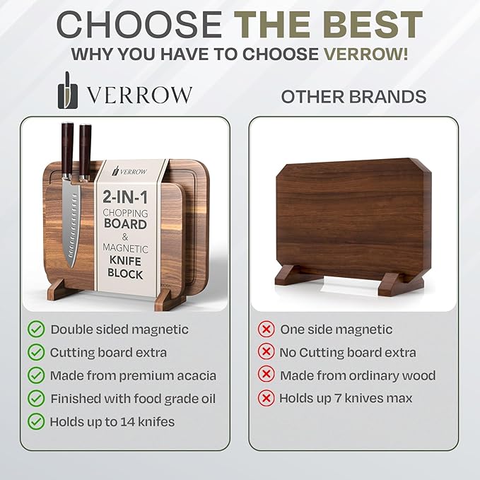 Magnetic Knife Block with Acacia Wood Cutting Board - Extra Large 15.5x10.5x0.75In Magnetic Knife Block Set with Chopping Board Knife Holder Charcuterie Display Storage Organizer for Kitchen Counter