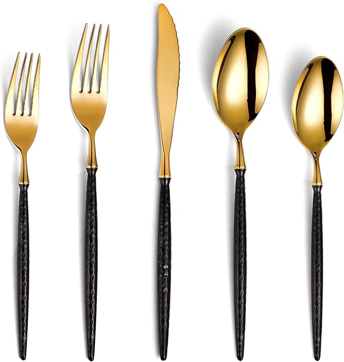 Lemeya 20-Piece Hammered Black Gold Silverware Set,18/10 Stainless Steel Forging Heavy Duty Cutlery Set for 4, Luxury Unique Flatware Set,Spoons and Forks Set,Mirror Polished,Dishwasher Safe
