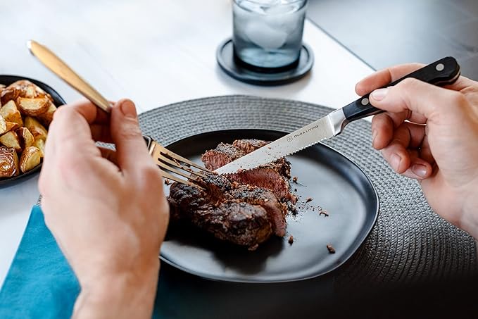 DURA LIVING Premium 4-Piece Steak Knife Set – Sharp Serrated Blades, Forged High Carbon Stainless Steel, Full Tang, Ergonomic Handle, Black – Perfect for Dining