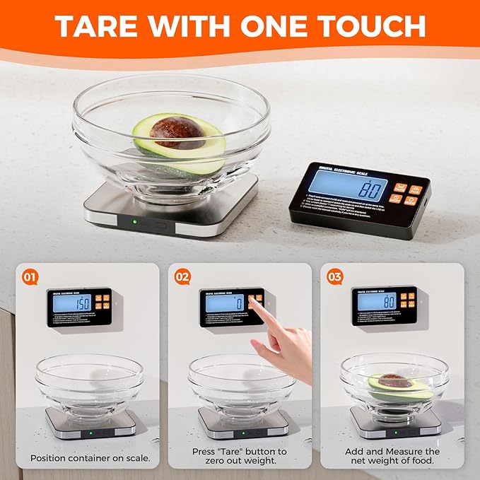 Food Kitchen Scale - TRUDIN Digital Food Weight Grams and Oz,USB Charging,Max.22lb/10kg,1g/0.05oz Accuracy,5 Units with Large Backlit LCD,Waterproof Easy-Clean (Light Silver)