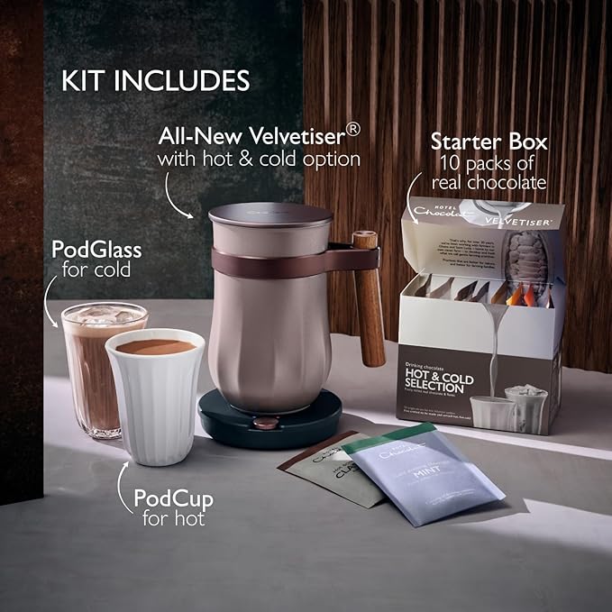 Hot & Cold Drinking Chocolate System - The ALL-NEW Velvetiser from Hotel Chocolat - Kit includes hot chocolate maker, 10 serving taster box, mug and glass - Chalk Edition