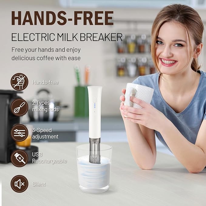 Milk Frother Wand for Coffee, Silent Coffee Foamer Drink Mixer,Handheld Frother Rechargeable Electric Whisk with 2 Heads 3 Speeds for Latte, Cappuccino, Hot Chocolate, Egg(Home and Travel Set White)