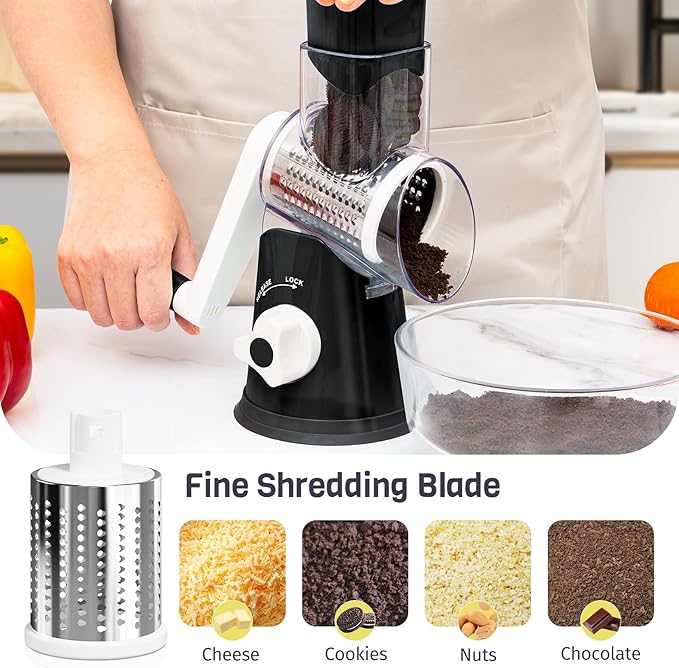 Rotary Cheese Grater Hand Crank, 3 Blades Slicer Shredder, Cheese Grater for Kitchen, Multi-Functional Kitchen Tool for Vegetables, Nuts, Chocolate, with Strong Suction Base, Black