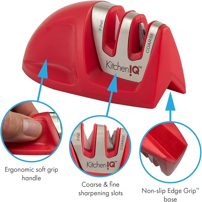 KitchenIQ 50883 - Edge Grip 2-Stage Knife Sharpener - Red - Coarse & Fine Sharpeners - Compact - Stable Non-Slip Base - Soft Grip Rubber Handle - Straight & Serrated Knives