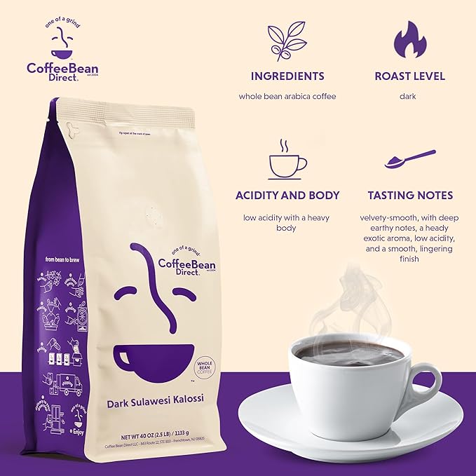 Coffee Bean Direct Dark Sulawesi Kalossi, Whole Bean Coffee, Arabica Coffee, Dark Roast, 2.5 Pound Bag (Pack of 1)