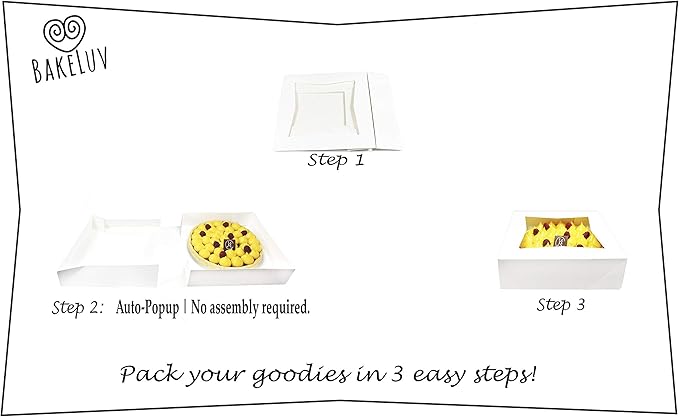 BAKELUV Pie Boxes for 9 Inch Pie | White, 50 Pack | 9x9x2.5 Bakery Box with Window, 9x9 Cookie Box, 9 Inch Pastry Boxes with Window Bulk, Cake Boxes, Auto Pop Up