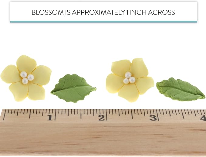 Global Sugar Art Blossoms and Leaves Edible Sugar Cake & Cupcake Flowers, Yellow, Small Unwired, 24 Count with Leaves by Chef Alan Tetreault