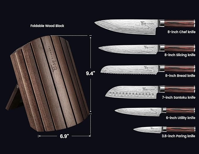 Knife Set 7 Piece Japanese Style Kitchen Knife Set With Foldable Magnetic Acacia Wood Block Sharp High Carbon Stainless Steel Knives Set for Kitchen with Anti-slip Ergonomic Handle, Ideal Gift
