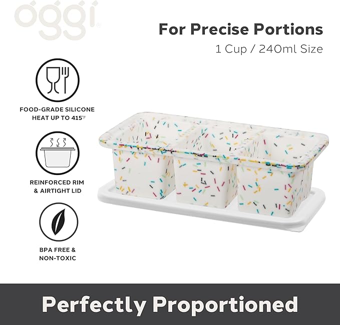 OGGI Prep & Portion Silicone Freezer Trays with Lid - Freezer Molds for Food, Ice Cube Tray, Food Prep Containers, Freezer Storage Containers, for Soup, Smoothie Cubes, Sauce, Broth, Leftovers - 1 Cup