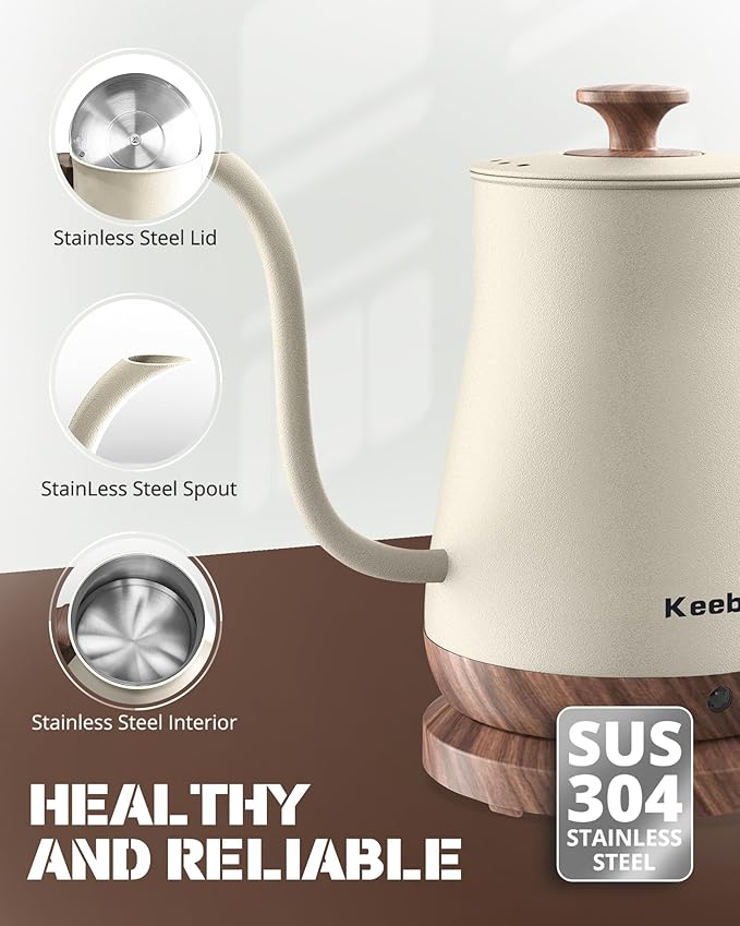 Gooseneck Electric Kettle, 1000W Electric Tea Kettle Stainless Steel, Pour Over kettle for Coffee, Wood-like Grain Finish Handle, Hot Water Kettle, Auto Shut Off, 0.8L, Beige