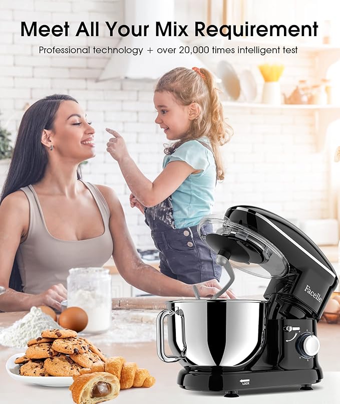 Facelle Stand Mixer, 660W 6 Speed Electric Kitchen Mixer with Pulse Button, Attachments include 6.5QT Bowl, Dishwasher Safe Beater,Dough Hook,Whisk & Splash Guard for Dough,Baking,Cakes,Cookie(Black)