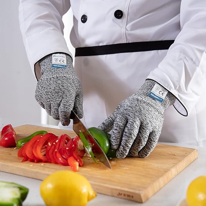 Dowellife 3 Pairs Cut Resistant Gloves Food Grade Level 5 Protection, Safety Kitchen Cuts Gloves for Mandolin Slicing, Fish Fillet, Oyster Shucking, Meat Cutting and Wood Carving (Black Gray, Large)