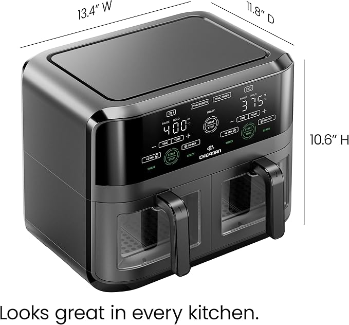 CHEFMAN 6 Quart Dual Basket Air Fryer Oven with Easy View Windows, Sync Finish, Hi-Fry, Auto Shutoff, 2 Independent 3Qt Nonstick Dishwasher Safe Frying Baskets, Digital Double Air Fryer - Black