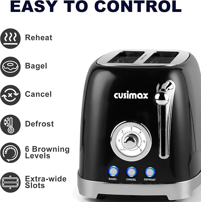 CUSIMAX Toaster 2 Slice with Extra Wide Slots for Bagels, Stainless Steel with 6 Toast Settings and 4 Functions, Bagel, Cancel, Defrost & Reheat, Removable Crumb Tray, Retro Toaster Black