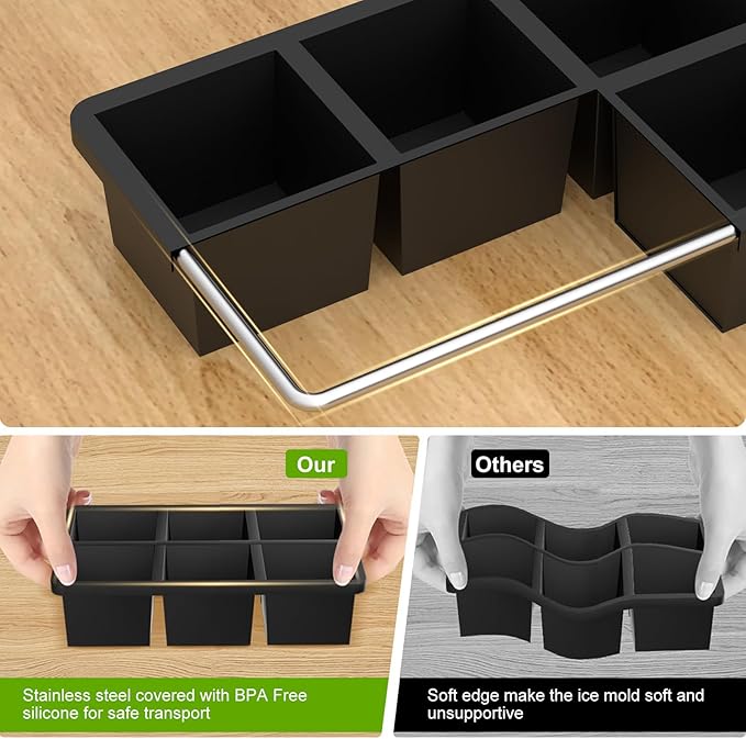 Samuelworld Large Ice Cube Tray with Lid and Bin: 2 Inch Silicone Old Fashioned Ice Cube Mold with Lid and Bin, Big Square Ice Cube Maker for Whiskey-3 Color (With Ice Tong)