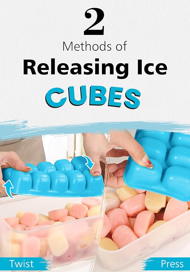 DOQAUS Ice Cube Tray with Lid and Bin, 4 Pack Easy Pop Out Silicone Ices Cubes Trays for Freezer with Cover, Stackable Compact Ice Bucket Kits, for Soup, Food, Cocktail, Coffee