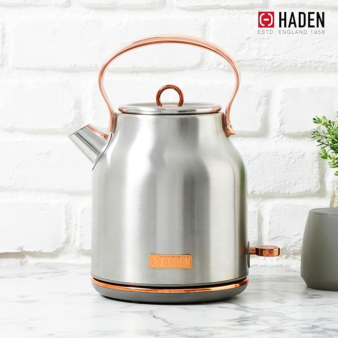 Haden Heritage 4 Slice Wide Slot Stainless Steel Toaster Bundled with 1.7 Liter Stainless Steel Electric Water Kettle, Steel & Copper