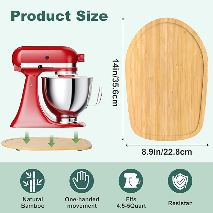 GuanQiao Food-Grade Bamboo Slider for KitchenAid 4.5-5 Qt Tilt Head Stand Mixer, Appliance Sliding Mat for Kitchenaid Artisan, Kitchen Countertop Storage Accessories Mixer Moving Tray Attachments