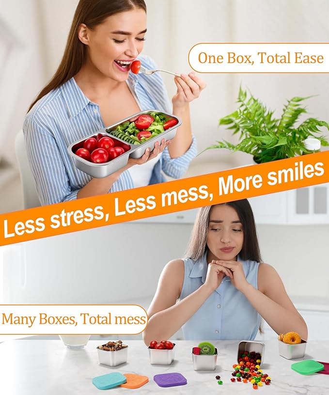 KTKUDY Stainless Steel Snack Container for Kids & Adults - Leek Proof Metal Bento Lunch Box with 2 Compartment - Lunchable Container for Daycare, School, Work, Travel - Stackable Bento Snack Box