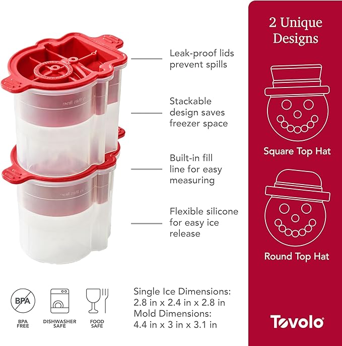 Tovolo Snowman Ice Mold with Top Hats Set of 2 Holiday Sphere Ice Makers for Cocktails, Festive Ice Cube Mold Christmas Stocking Stuffer for Adults, BPA Free Silicone Dishwasher Safe Ice Molds