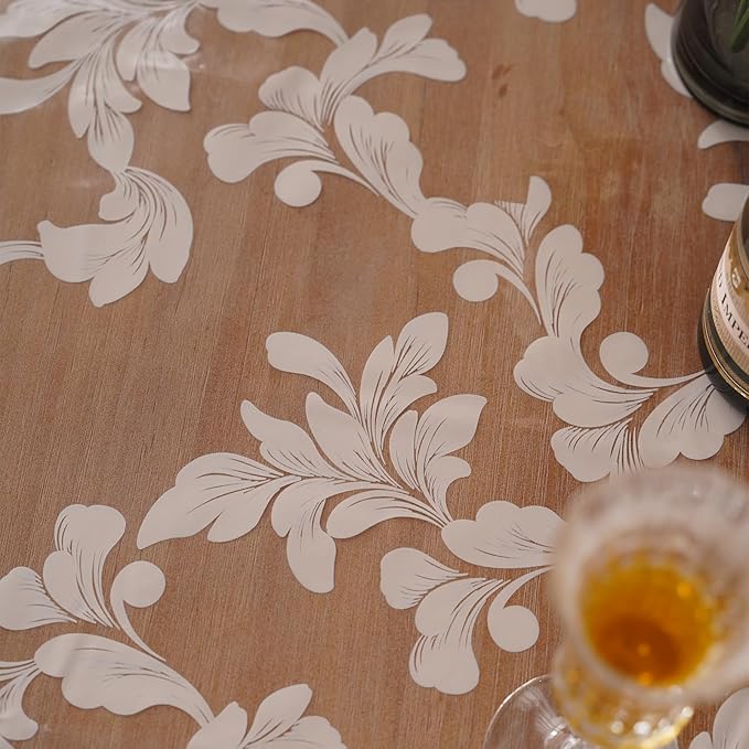 Vinyl Table Cloth Rectangle Clear Table Cover Protector with Block Printed Pattern Oil Spill Proof Farmhouse Rustic Plastic Table Covers for Dining Tables (Scroll Grass, 55 x 104 Inches)