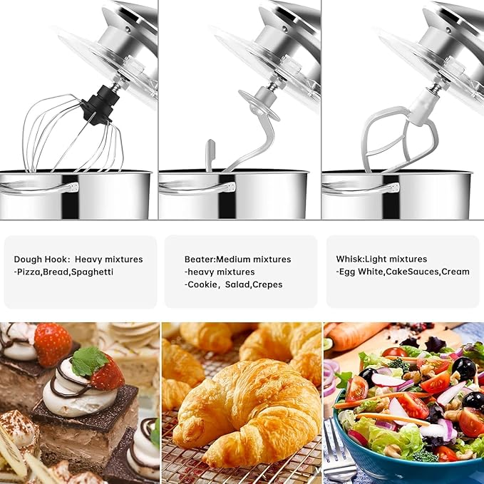 Seedeem 6.5QT Stand Mixer, 660W Tilt-Head Kitchen Electric Mixer with 6 Speeds, Dough Hook, Beater & Whisk, Dishwasher Safe Attachments, Silver