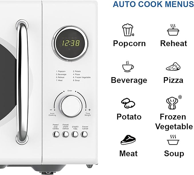 Emerson MWRG0901W 0.9 Cu. Ft. Retro Microwave with 1,000W Grill Function, 800W Cooking Power, LED Display, 5 Power Levels, 8 Auto Menus, Glass Turntable, Child Lock, White Countertop Design