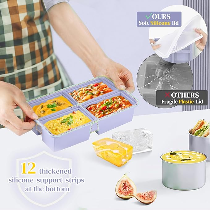2 PACK 1 Cup Silicone Freezer Trays With Lid For Freeze & Store Soup, Broth, Leftovers, Microwave-safe Soup Freezer Container - Purple