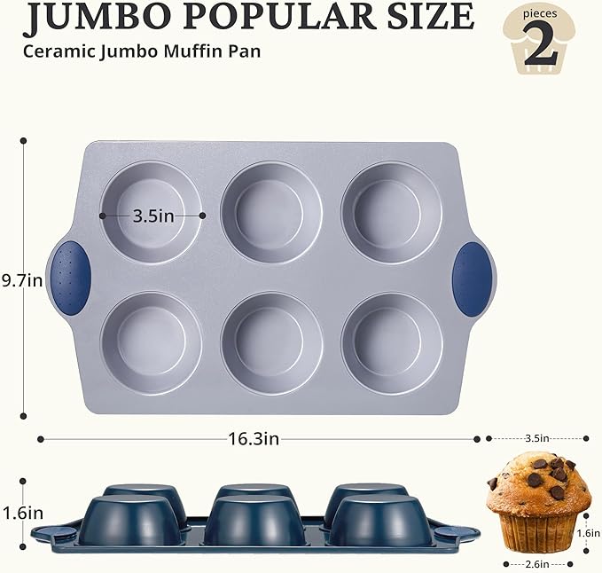BRONYPRO 2-Pack Jumbo Ceramic Muffin Pans, 6-Cup Nonstick Aluminized Steel Cupcake Pans, Healthy Non-Toxic Ceramic Coating Muffin tin, Oven Safe to 500°F, Blue