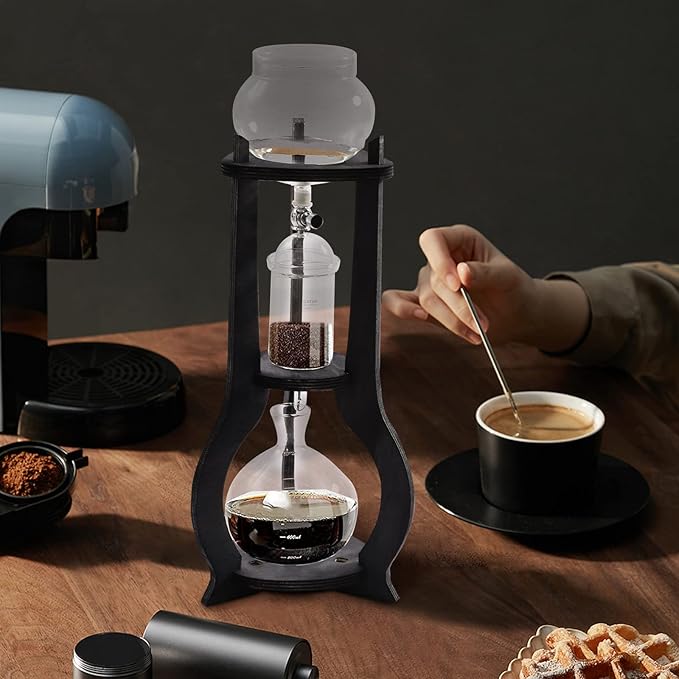 Cold Brew Coffee Maker, 600 ml/20.29 oz Iced Coffee Tower Dripper Coffee Maker & Tea Maker 6-8 Cups, High Borosilicate Glass, Wood, 304 Stainless Steel, Copper - for Home Office (Grey)