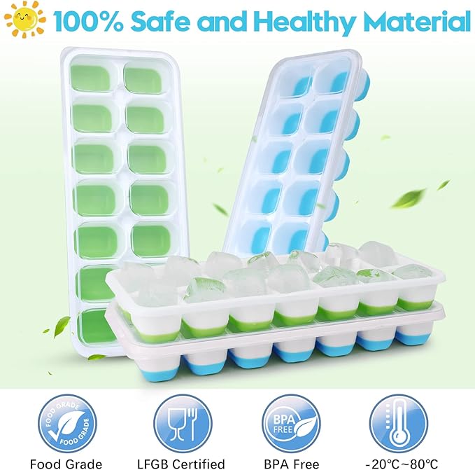 Silicone Ice Cube Tray, 8 Pack Easy-Release & Flexible 14-Ice Cube Trays with Spill-Resistant Removable Lid, Stackable Ice Trays with Covers for Freezer, Cocktail (4 Blue + 4 Green)