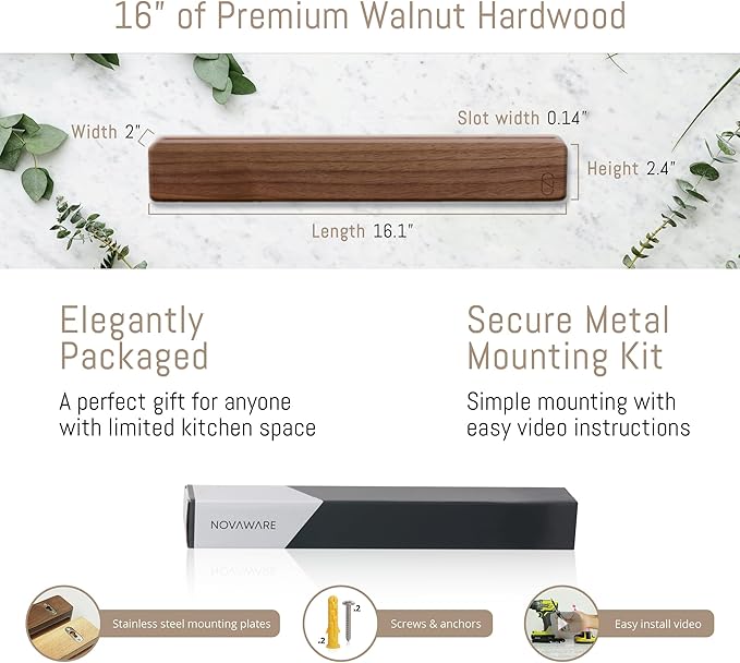 Walnut 16 inch Magnetic Knife Holder for Wall with 2x Storage & Charming Wood - Knife Magnetic Strip, Under Cabinet Magnet Knives Storage - Magnet Strip Rack Kitchen Utensil Holder Organizer Tool
