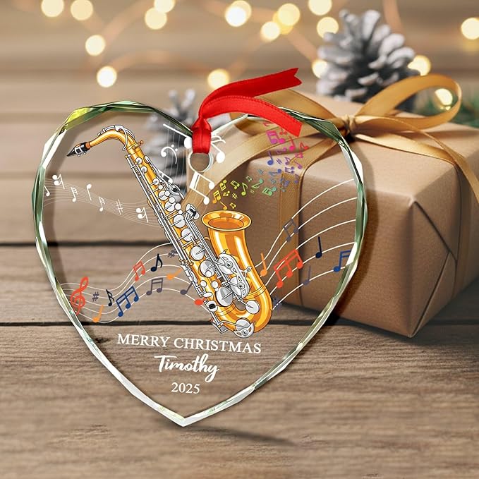 Unique Alto Saxophone Instrument Glass Christmas Ornament, Customized Year Text Name Alto Saxophone Player Ornaments Gift for Women Men Friends Besties, Personalized Musical Instrument Glass Ornament