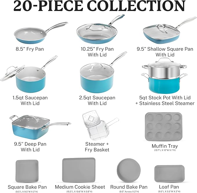 Gotham Steel 20 Piece Pots and Pans Set Nonstick Cookware Set, Pot and Pan Set, Kitchen Cookware Sets, Ceramic Cookware Set, Ceramic Pots and Pans Set, Pot Set, Dishwasher Safe, Aqua Blue