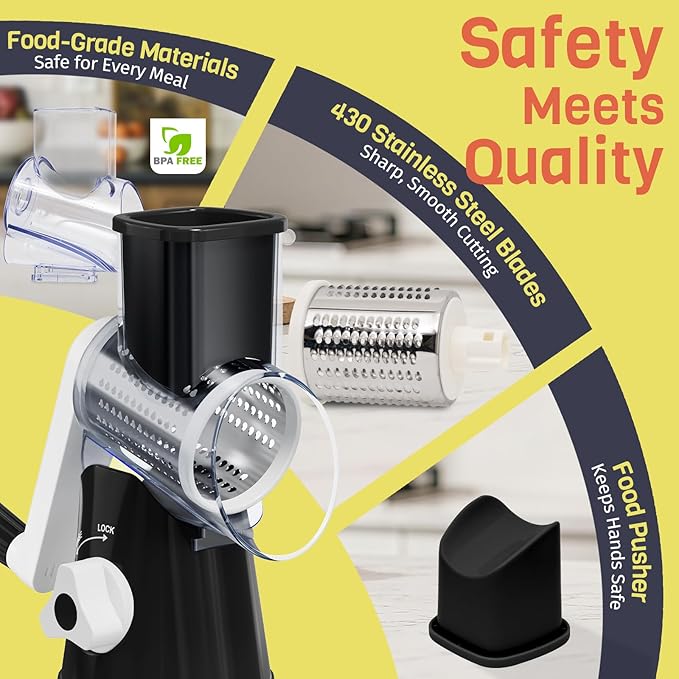 Rotary Cheese Grater Hand Crank, 3 Blades Slicer Shredder, Cheese Grater for Kitchen, Multi-Functional Kitchen Tool for Vegetables, Nuts, Chocolate, with Strong Suction Base, Black