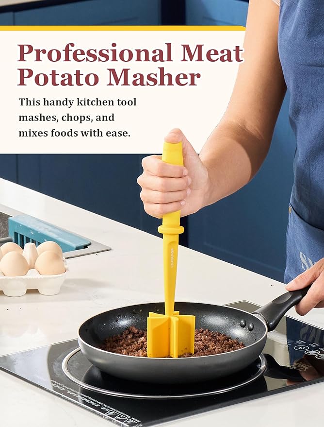 5-Curve Blade Meat Masher for Ground Beef, Heat Resistant Hamburger Chopper, Non-Stick Mix and Chop Kitchen Tool