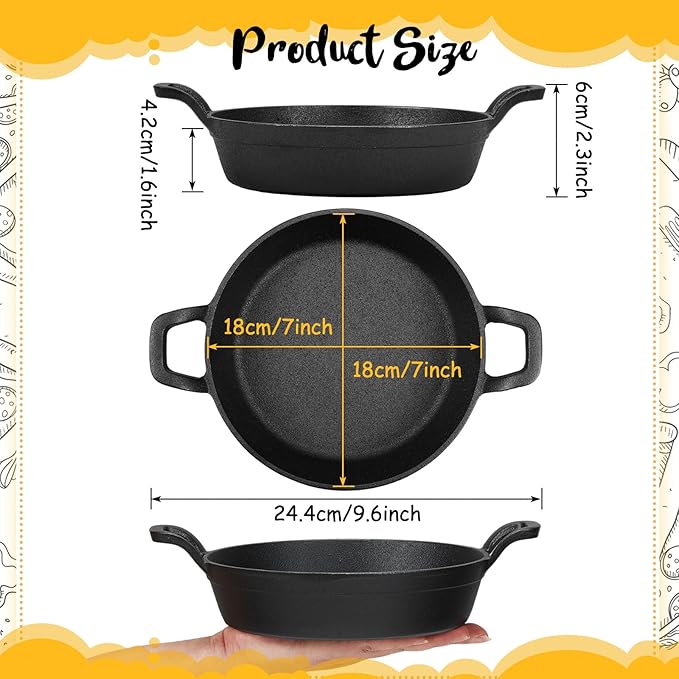 Mini Cast Iron Skillets 7 x 7 x 1.7 Inch Cast Iron Pan Small Ramekin Set Black Casserole Dish Cookware Oven Safe Mini Skillets for Kitchen Indoor Outdoor Picnic (2 Pack)