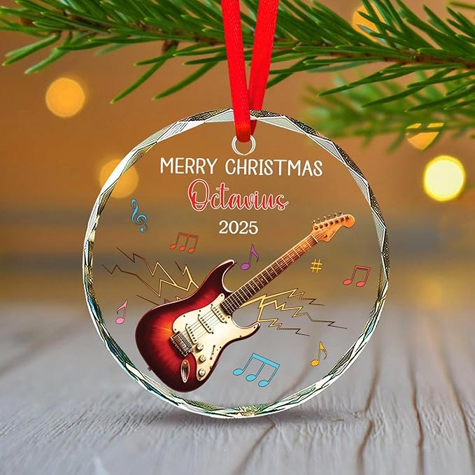 Personalized Electric Guitar Christmas Ornament Gift for Musician, Electric Guitar Player Glass Ornament Xmas 2025, Custom Text & Name Guitarist Glass Keepsake, Musical Instrument Christmas Ornaments