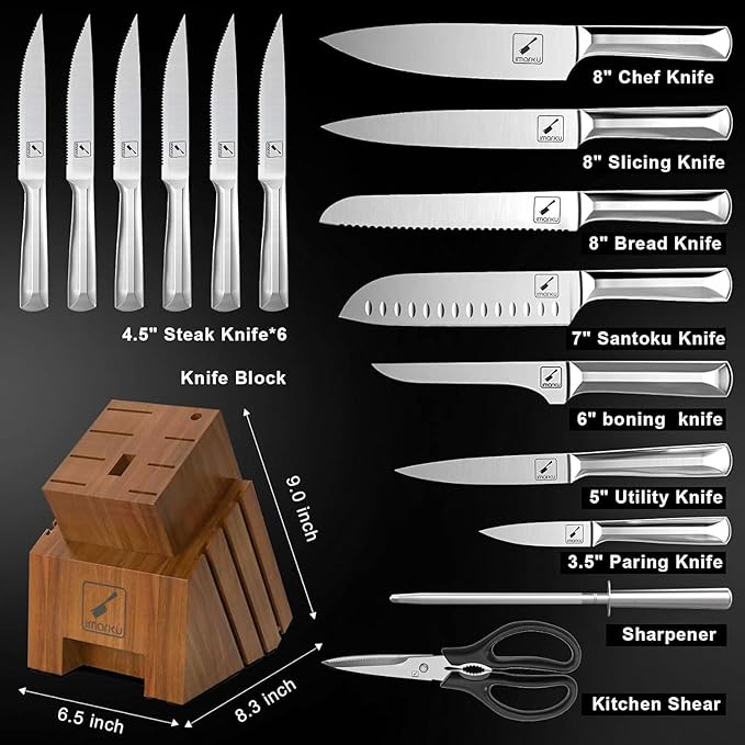 imarku Knife Set, 16PCS High Carbon Stainless Steel Kitchen Knife Set with Block Ultra Sharp Knife Block Set, Japanese Knife Set with Dotted Non-slip Ergonomic Handle, Best Gifts