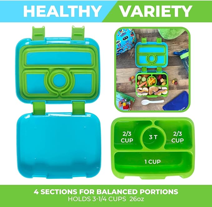 kinsho Bento Lunch Box and Insulated Bag, Water Bottle & Ice Pack Set for Kids Toddlers, 4 Portion Sections, Removable Tray, PreSchool Kid Toddler Daycare Lunches, Snack Container, Robot