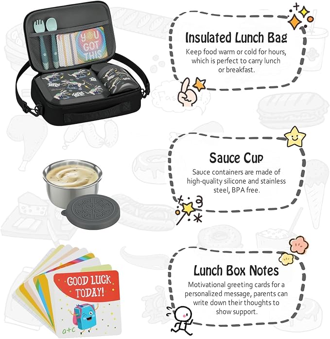 Itslife Bento Lunch Box Set for Kids with 12oz Soup Thermo&Lunch Bag, Leak-Proof Lunch Food Containers for Kids School, 5 Compartment, Sauce Cup, 10 Notes (Grey Dinosaurs)