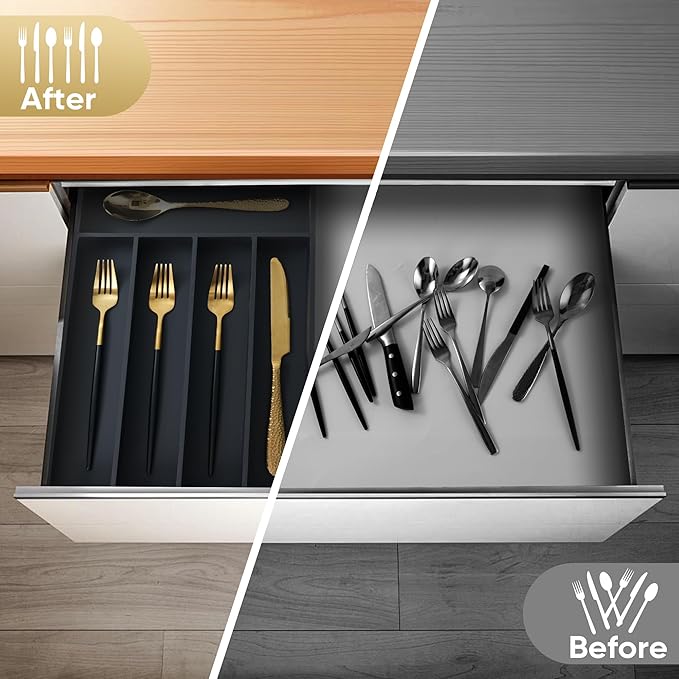 Silverware Organizer, 10 Inch Utensil Organizer Kitchen Drawer Organizer Bamboo Silverware Holder Cutlery Tray Organizer in Drawer Flatware Organizer Tray(5 slots, Black）