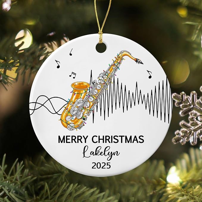 Personalized Saxophone Player Ceramic Christmas Ornament 2025, Customized Text Year Name Saxophonist Hanging Xmas Ornaments Gift, Unique Saxophone Instrument Ceramic Ornament for Women Men DDA Mom
