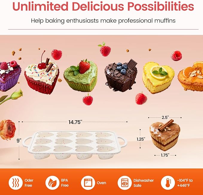 Premium Silicone Heart-Shaped Baking Mold with Metal Reinforced Frame – 1 Pack Non-Stick Cupcake & Muffin Pan for Baking Chocolate, Egg Bites & Brownies – BPA Free, Dishwasher & Oven Safe