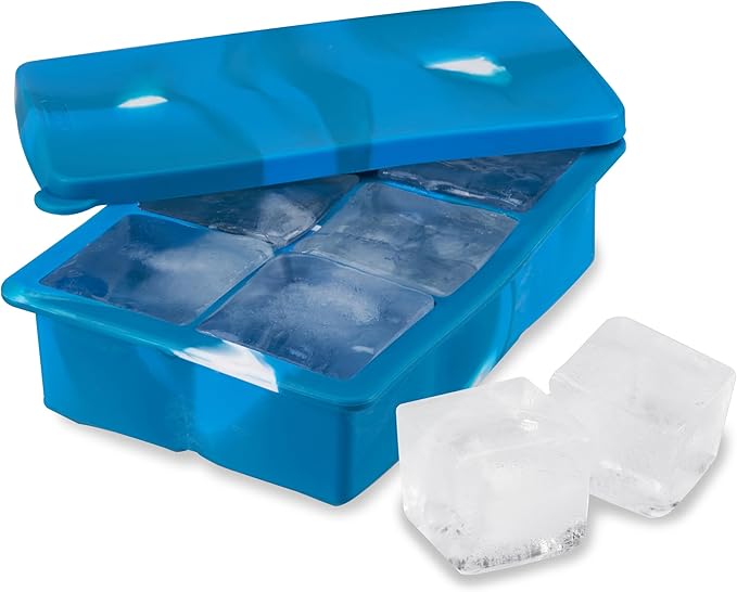 Host Ice Cube Tray with Lid, Makes 6 Large 2" Cubes, Durable Silicone Trays, Perfect for Cocktails, Beverages, Mocktails, Iced Coffee, Tea, Infused Water, Kitchen Essentials, Set of 1, Blue Marble