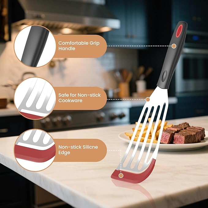 2Pack Silicone Fish Spatulas for Nonstick Cookware,Fish Turner Spatula Stainless Steel with Heat Resistant Silicone Edge,Metal Slotted Spatula for Flipping Fish Egg Patties Fries Pancake Steak (Red)