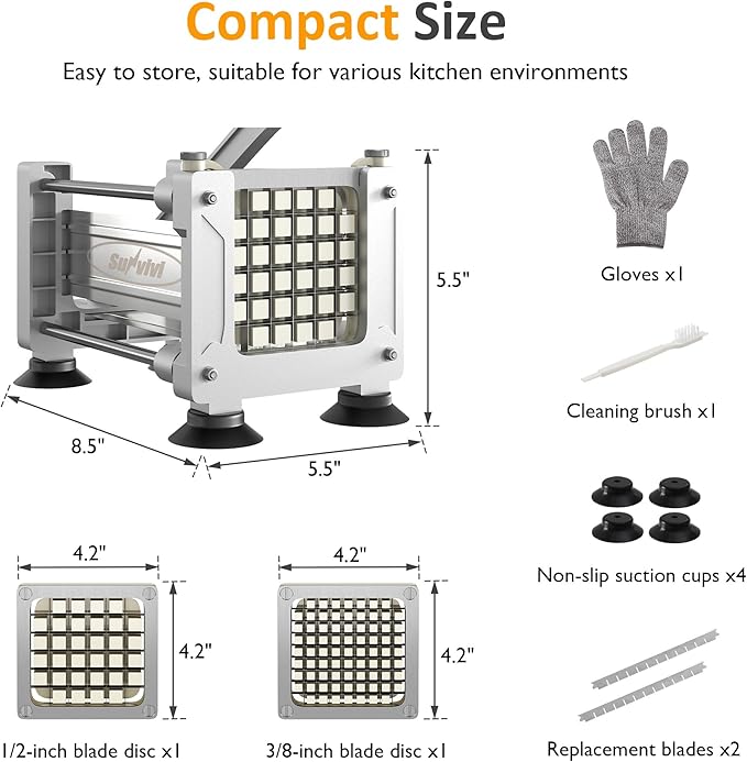 Sunvivi French Fry Cutter Stainless Steel Potato Slicer : with 2 Replaceable blades (1/2 & 3/8 Inch), Professional Fries Cutter for Potatoes, Carrots, Cucumber, Onion, Yam