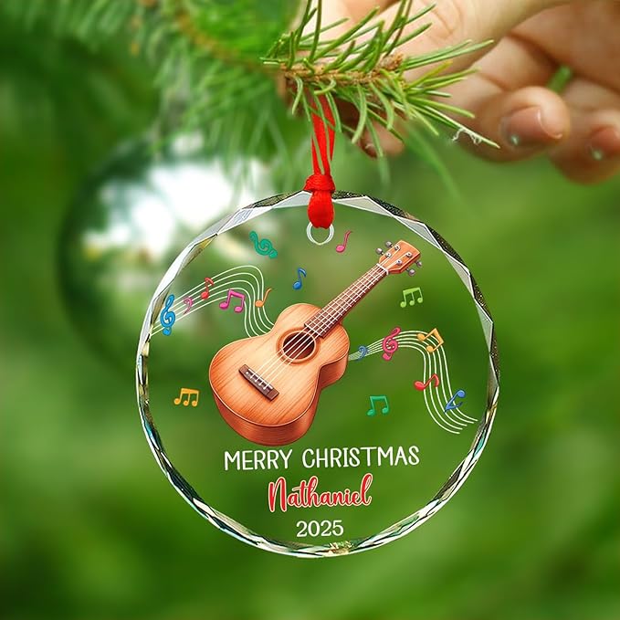 Ukulele Musical Instrument Glass Ornament Xmas 2025, Personalized Instrument Christmas Ornament Gift for Ukulele Player, Ukulelist Keepsake Christmas Tree, Custom Text & Name Musician Glass Ornaments