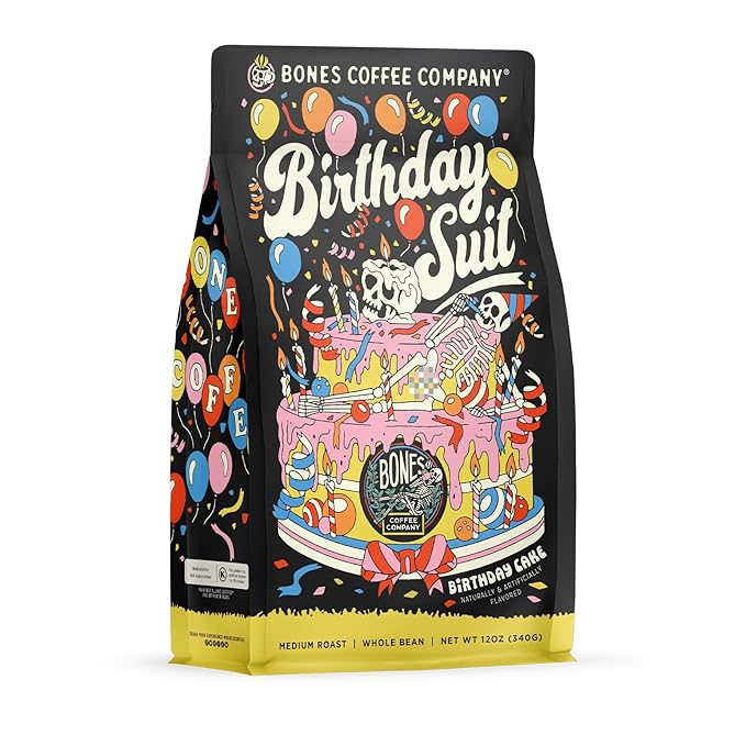 Bones Coffee Company Birthday Suit, Birthday Cake Flavored Coffee, Medium Roast Low Acid Arabica Beans Compatible with Auto drip and French Press Coffee Maker, 12 Oz Whole Bean