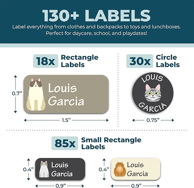 Personalized Daycare Name Labels for Kids (130 Labels) - Custom Waterproof Name Stickers for Clothing Tags, Water Bottles, Lunch Boxes and School Supplies (Cats)